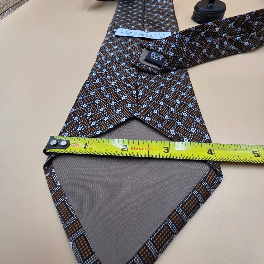 Perry Ellis Portfolio Mens Silk Tie Brown Blue Geometric Pattern Made in USA